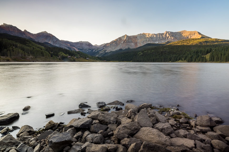 Lake with mountains in background