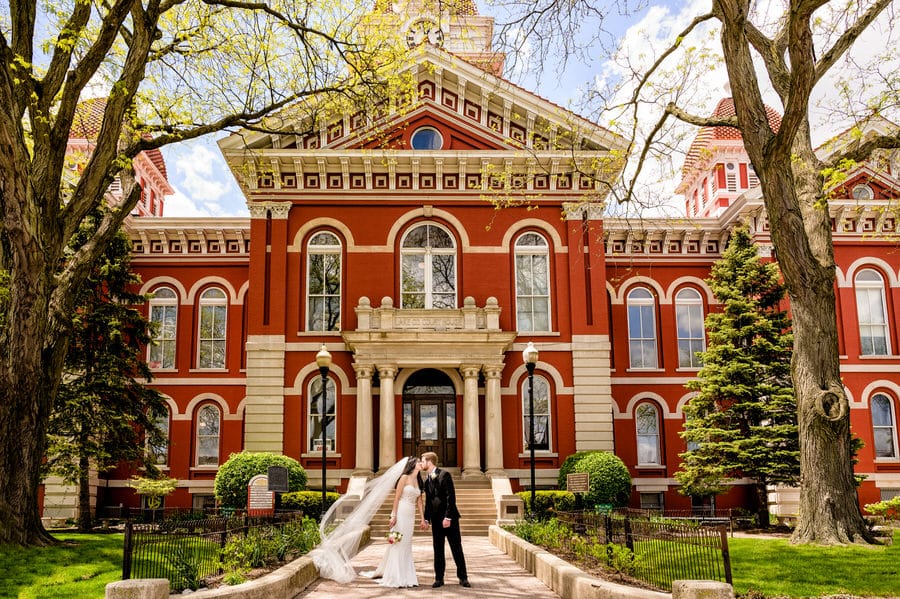 Wide shot of bride and groom