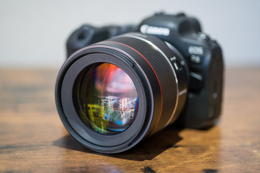 Samyang 85mm f/1.4 lens attached to Canon camera