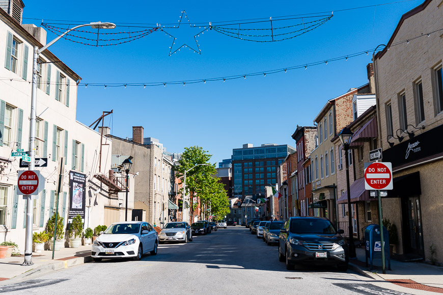 Street scene with Christmas lights